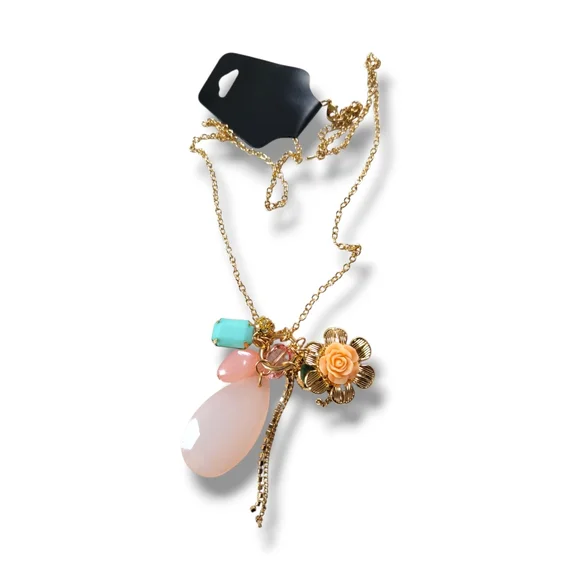 ✨️HP✨️NWT Long Elegant Gold/Pink Floral Crystal Stone Charm Statement Necklace - Picture 2 of 11